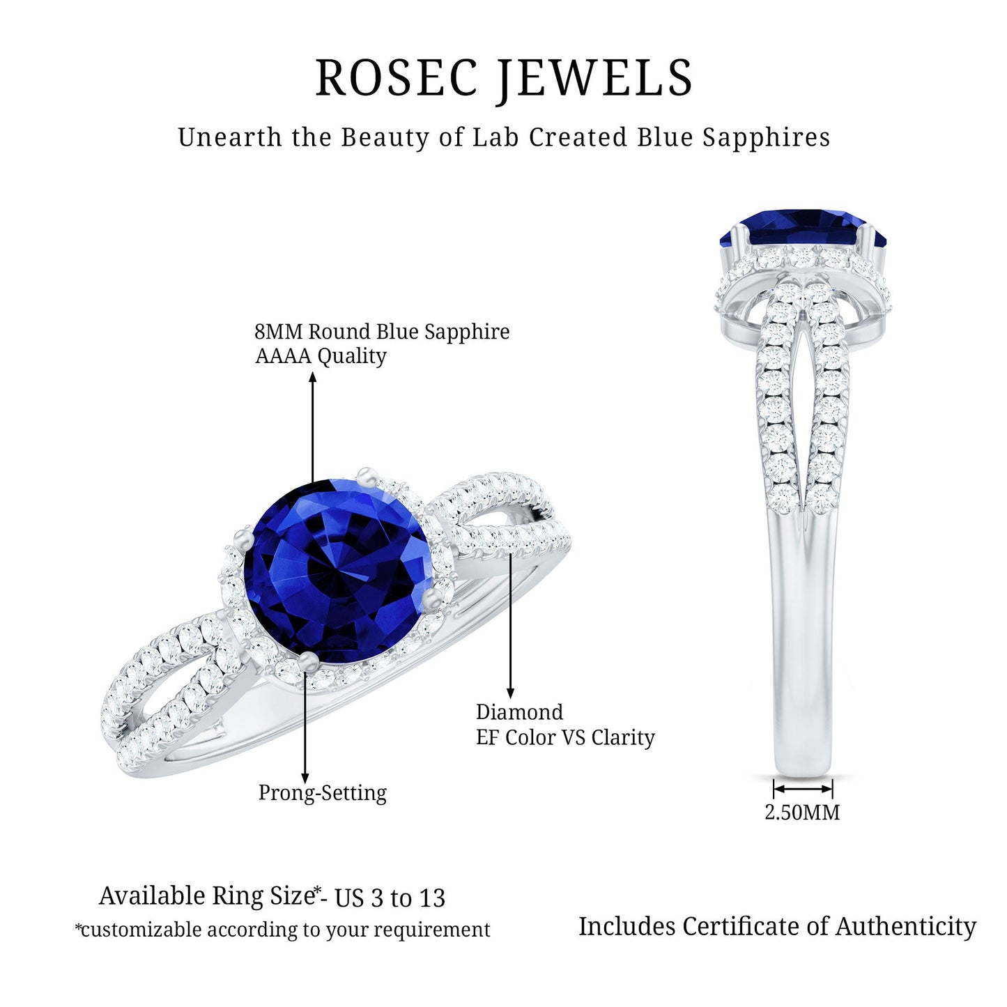 Certified 2.7 Carat Lab Grown Blue Sapphire Engagement Ring with Diamond for Women
