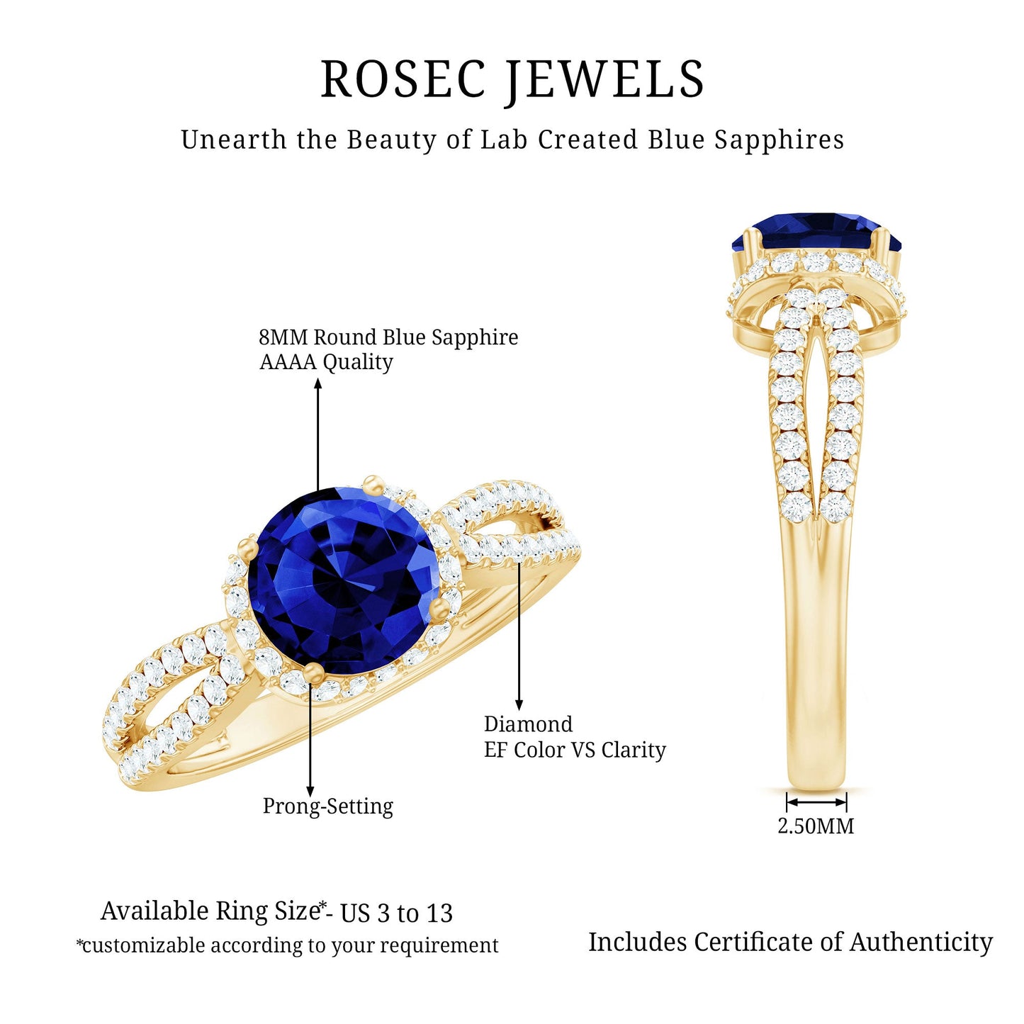 Certified 2.7 Carat Lab Grown Blue Sapphire Engagement Ring with Diamond for Women