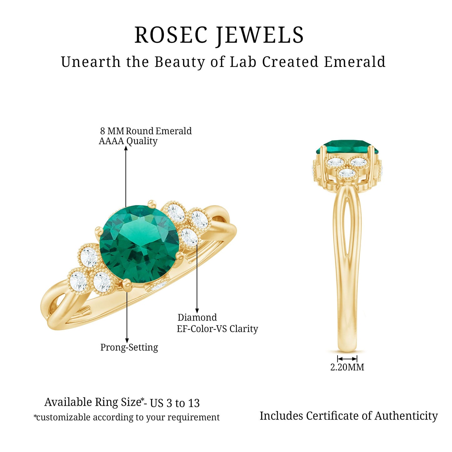 Certified Lab Grown Emerald Trio Engagement Ring with Diamond