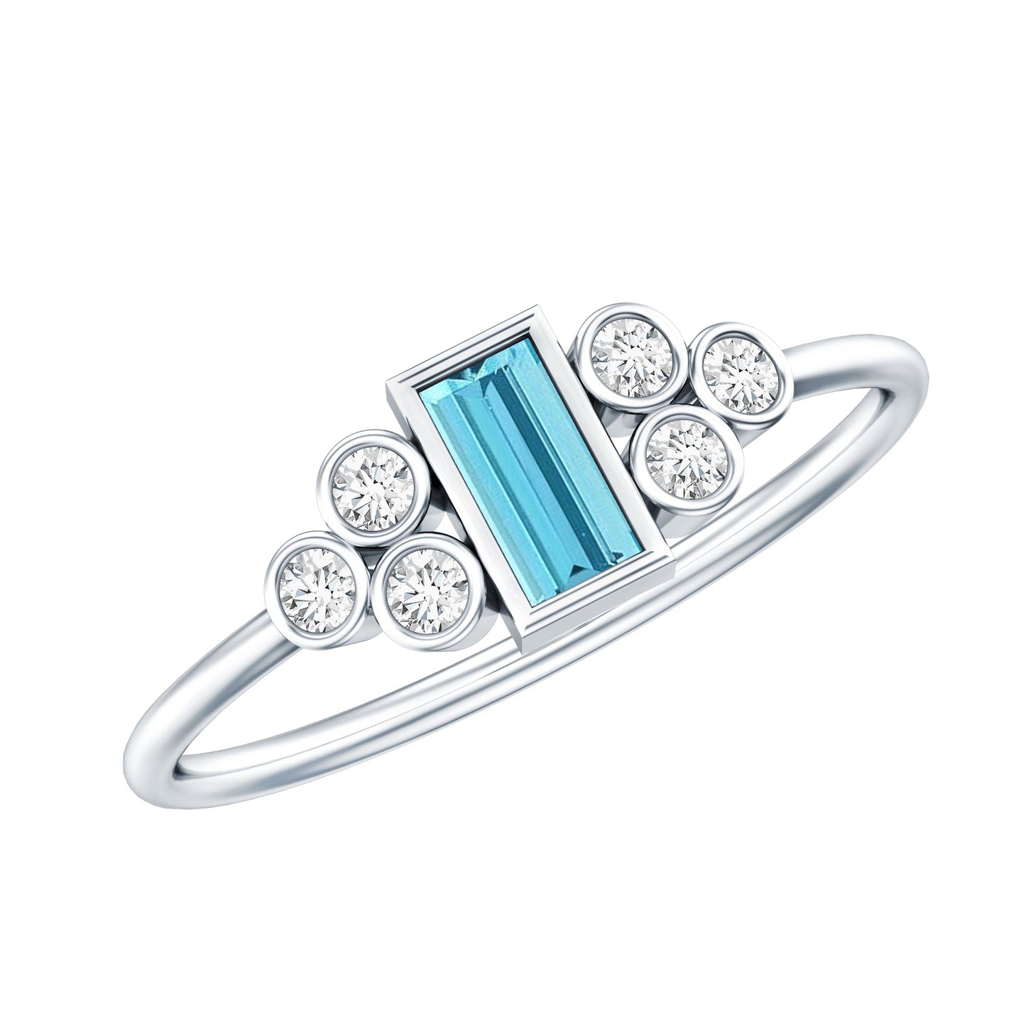 Sterling Silver Baguette Aquamarine Promise Ring with Moissanite Trio