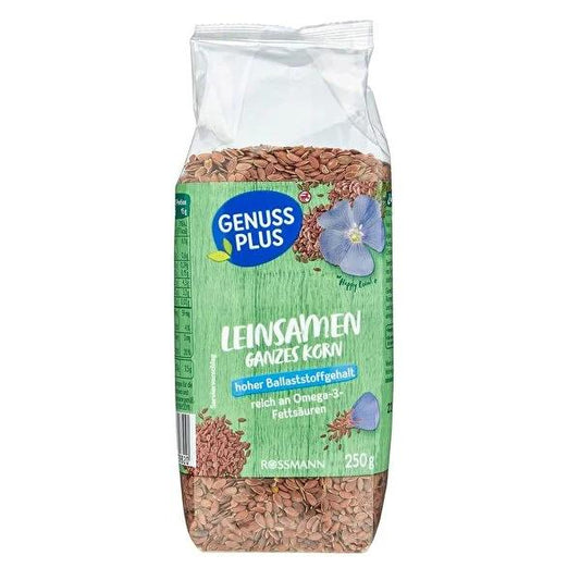 Genuss Plus Flax Seeds 250g: Omega-3, High Fiber, Vegan Protein - Boost Digestion, Heart Health & Bone Strength Naturally.