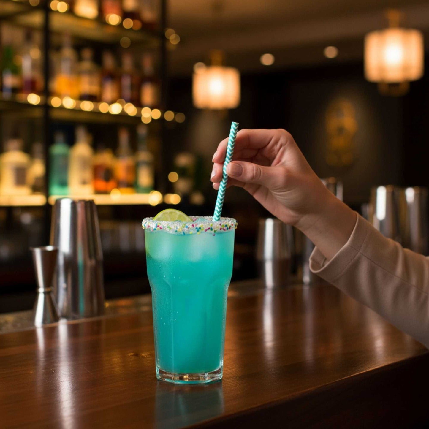 Bev Tek Turquoise Paper Straw - Zig Zags, Biodegradable, 6mm - 7 3/4" - 100 count box