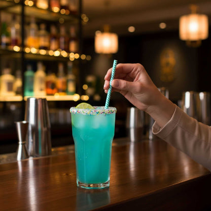 Bev Tek Turquoise Paper Straw - Zig Zags, Biodegradable, 6mm - 7 3/4" - 100 count box