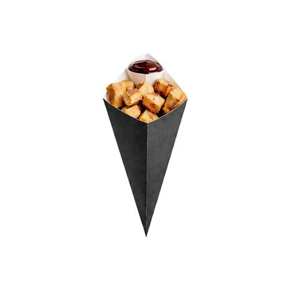 Cone Tek Black Paper Food Cone - with Dipping Pocket - 9 1/2" x 5 1/2" - 100 count box