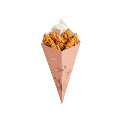 Cone Tek Bamboo Print Paper Food Cone - with Dipping Pocket - 11" x 6 1/2" - 100 count box