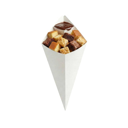 Cone Tek White Paper Food Cone - with Dipping Pocket - 15" x 9" - 100 count box
