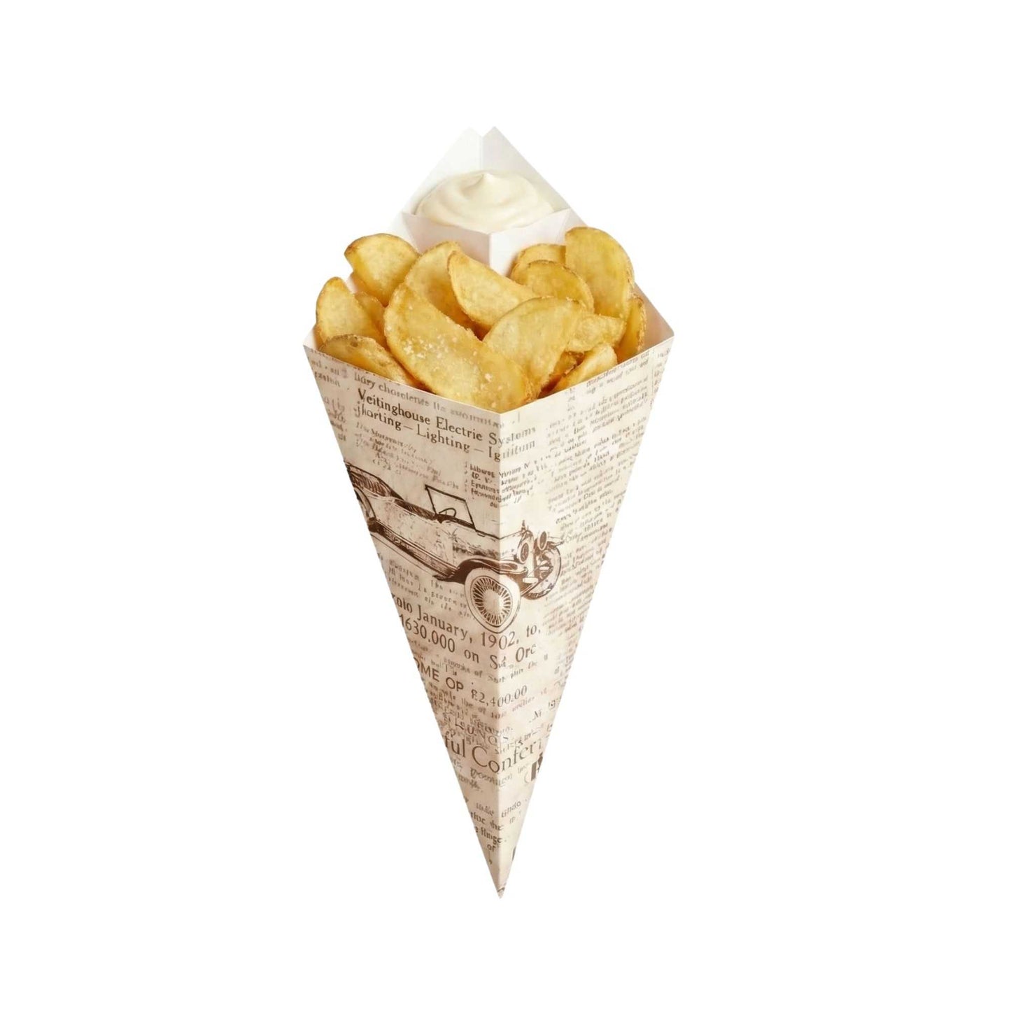Cone Tek Newsprint Paper Food Cone - with Dipping Pocket - 15" x 9" - 100 count box