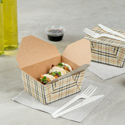 Bio Tek 30 oz Rectangle Plaid Paper #1 Bio Box Take Out Container - 5" x 4" x 2 1/2" - 50 count box
