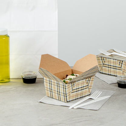 Bio Tek 30 oz Rectangle Plaid Paper #1 Bio Box Take Out Container - 5" x 4" x 2 1/2" - 50 count box
