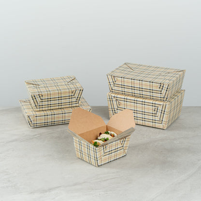 Bio Tek 30 oz Rectangle Plaid Paper #1 Bio Box Take Out Container - 5" x 4" x 2 1/2" - 50 count box