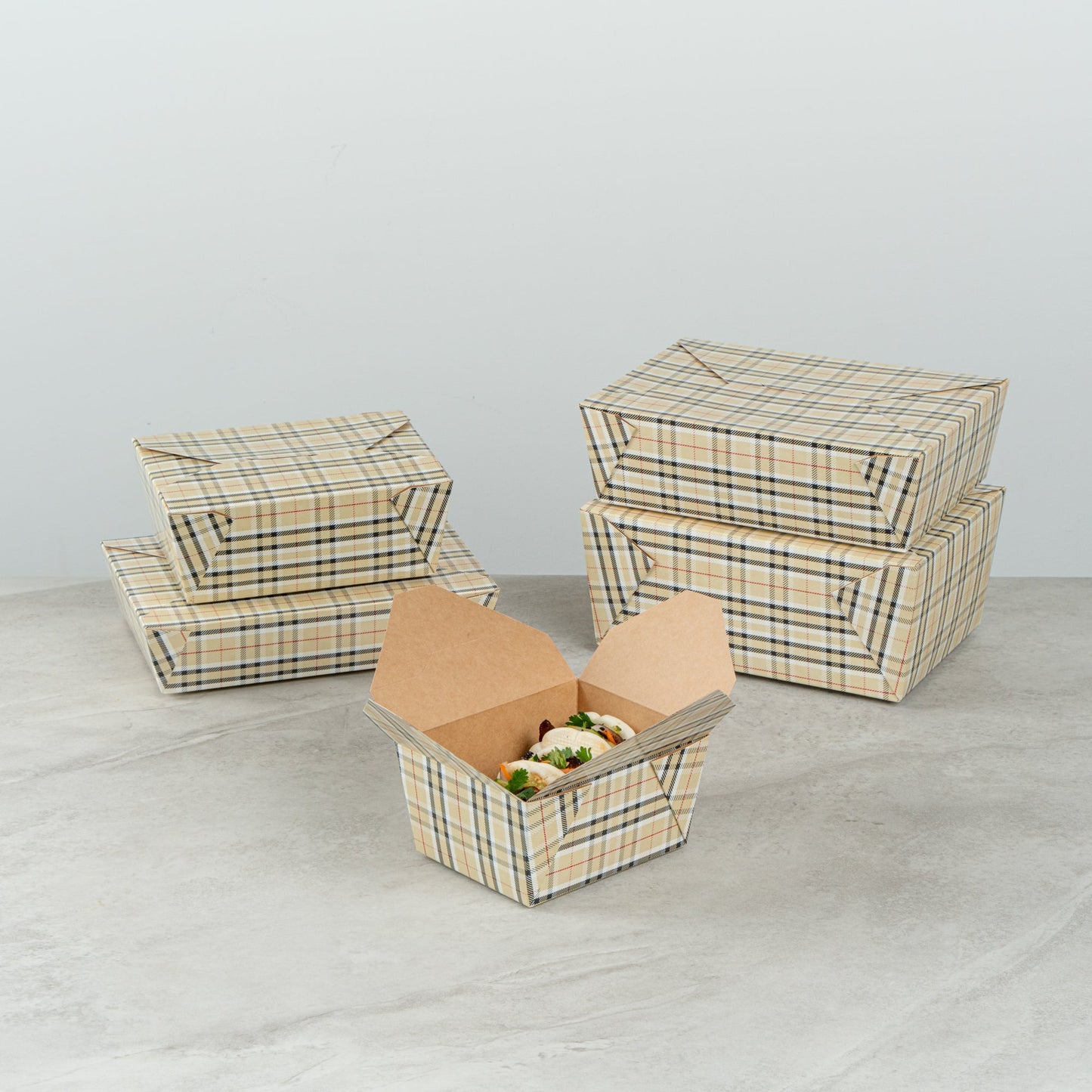 Bio Tek 30 oz Rectangle Plaid Paper #1 Bio Box Take Out Container - 5" x 4" x 2 1/2" - 200 count box