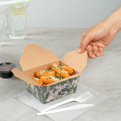 Bio Tek 30 oz Rectangle Camouflage Paper #1 Bio Box Take Out Container - 5" x 4" x 2 1/2" - 50 count box
