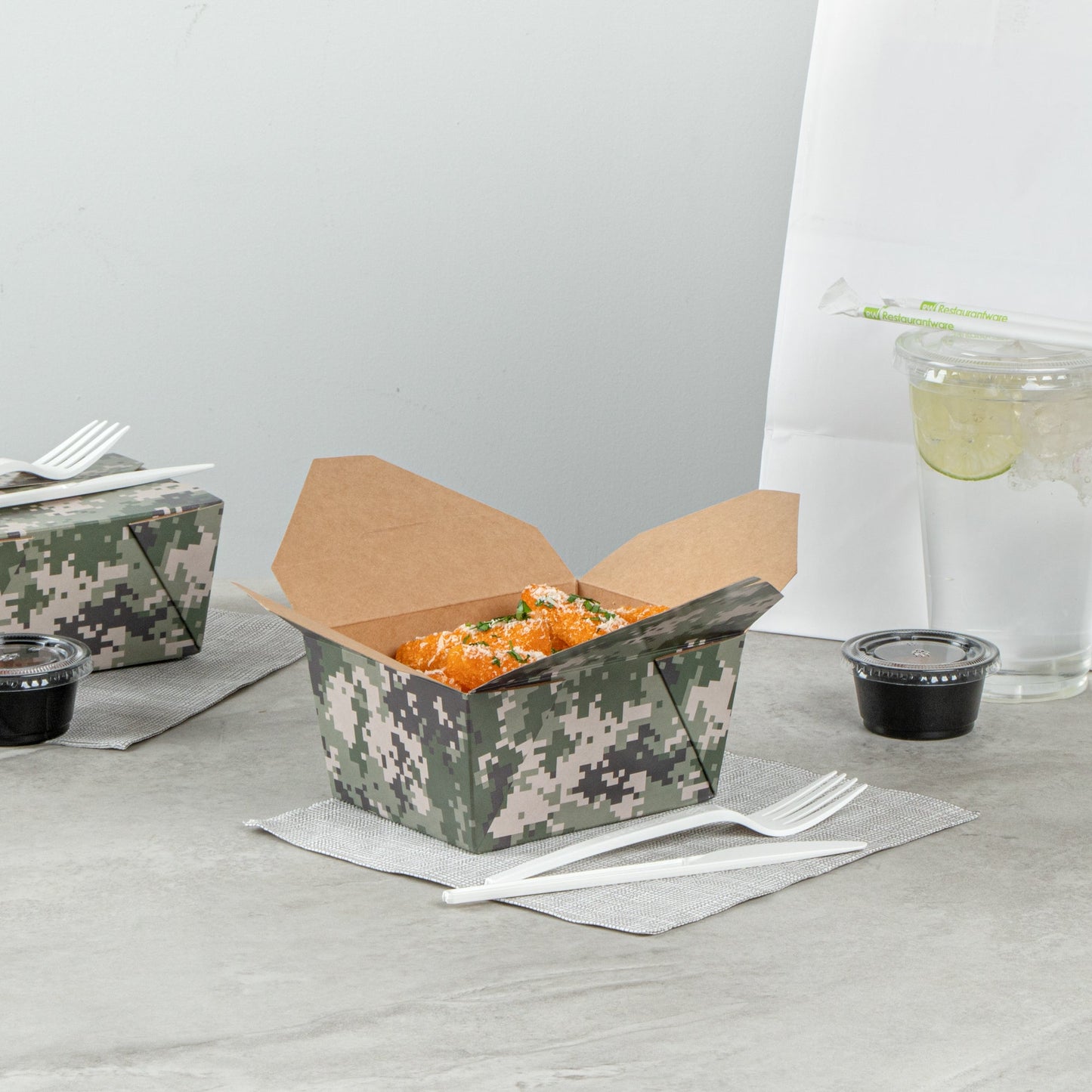 Bio Tek 30 oz Rectangle Camouflage Paper #1 Bio Box Take Out Container - 5" x 4" x 2 1/2" - 50 count box