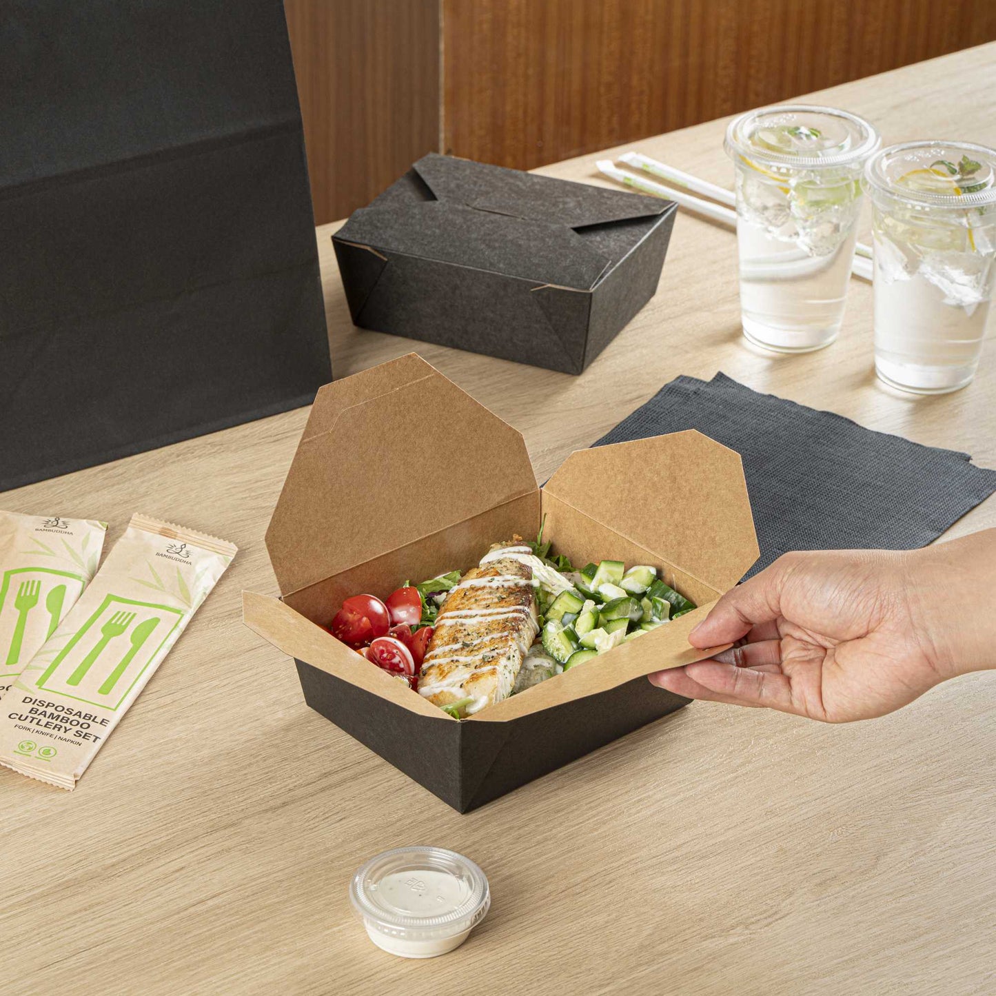 Bio Tek 45 oz Rectangle Black Paper #8 Bio Box Take Out Container - 6 3/4" x 5 1/2" x 2 1/2" - 50 count box