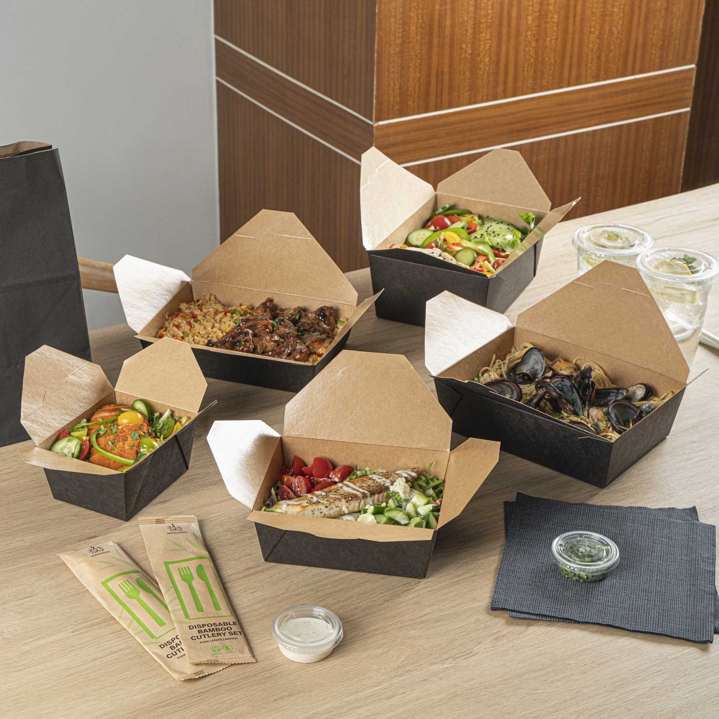 Bio Tek 45 oz Rectangle Black Paper #8 Bio Box Take Out Container - 6 3/4" x 5 1/2" x 2 1/2" - 200 count box