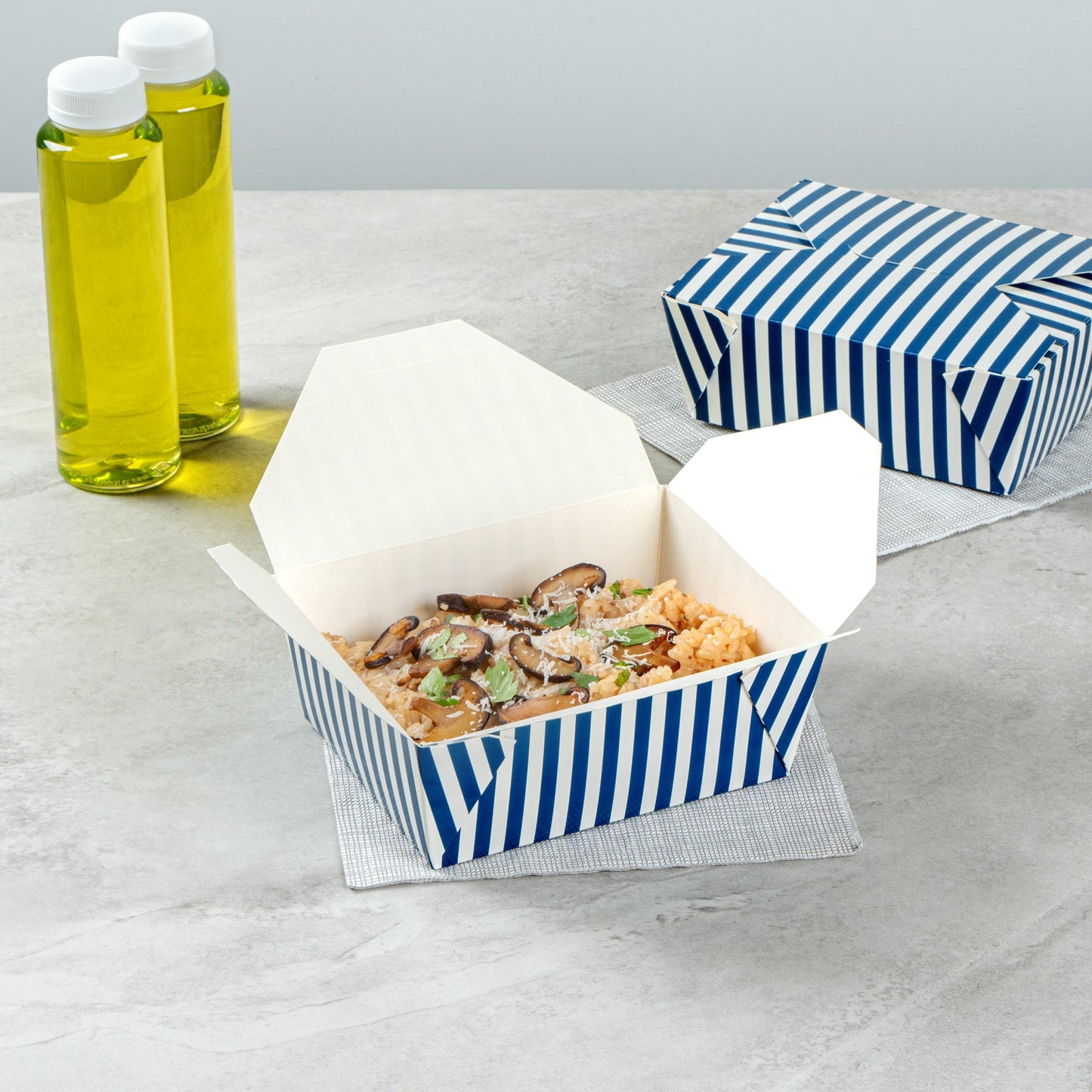 Bio Tek 45 oz Rectangle Blue and White Stripe Paper #8 Bio Box Take Out Container - 6 3/4" x 5 1/2" x 2 1/2" - 50 count box