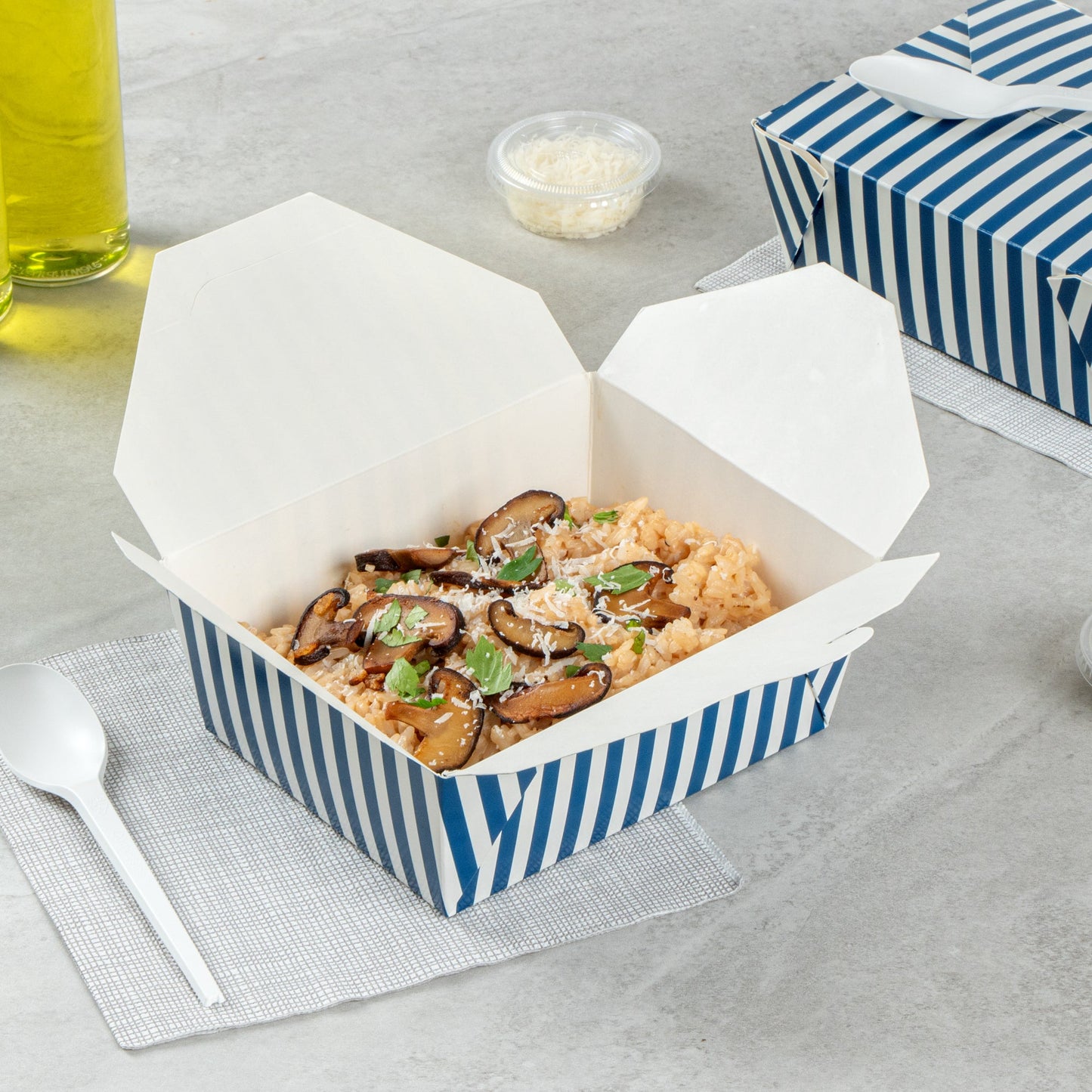 Bio Tek 45 oz Rectangle Blue and White Stripe Paper #8 Bio Box Take Out Container - 6 3/4" x 5 1/2" x 2 1/2" - 50 count box
