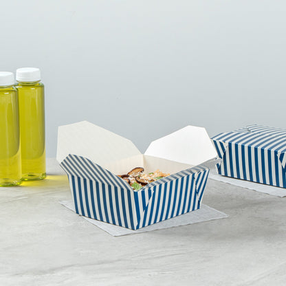 Bio Tek 45 oz Rectangle Blue and White Stripe Paper #8 Bio Box Take Out Container - 6 3/4" x 5 1/2" x 2 1/2" - 50 count box