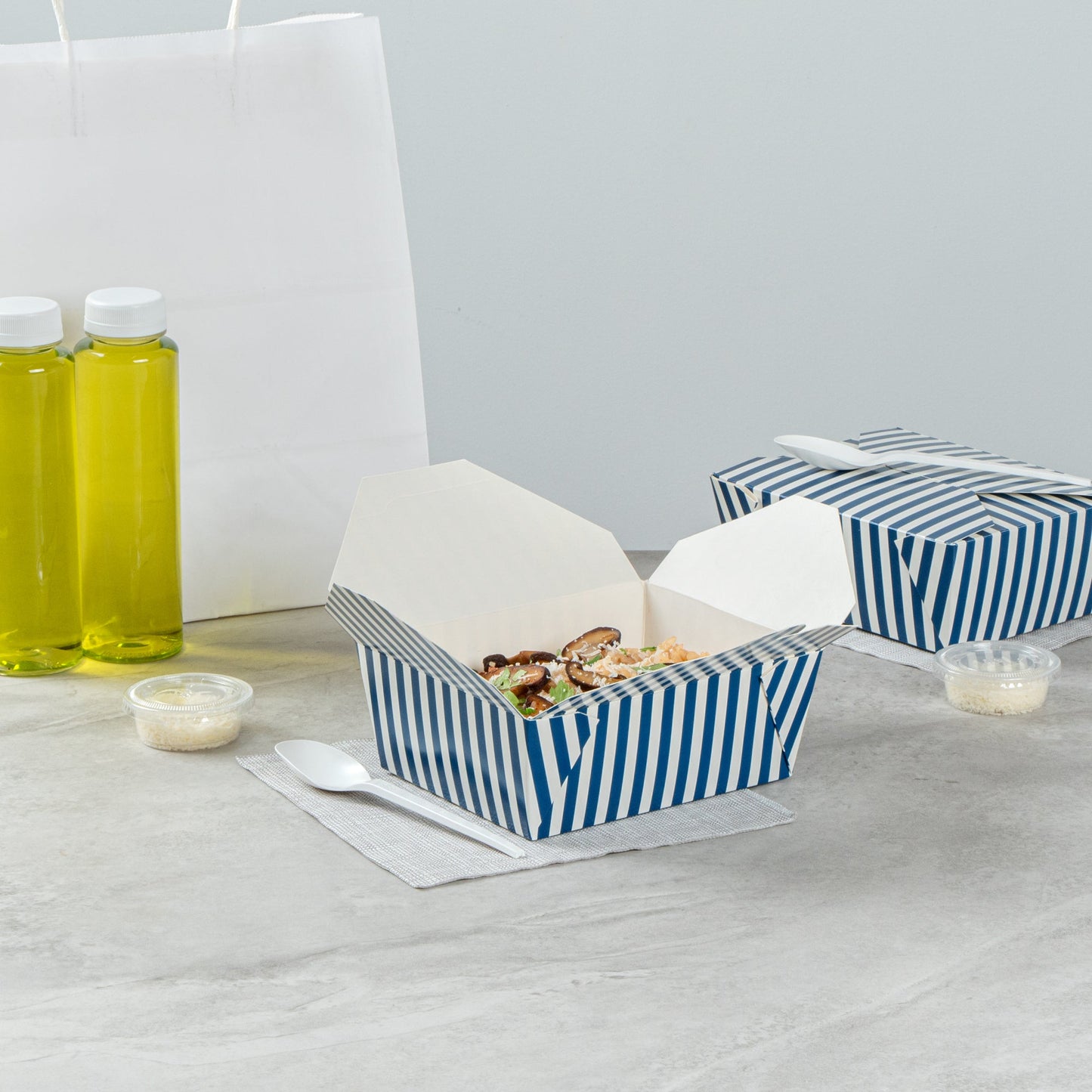 Bio Tek 45 oz Rectangle Blue and White Stripe Paper #8 Bio Box Take Out Container - 6 3/4" x 5 1/2" x 2 1/2" - 50 count box