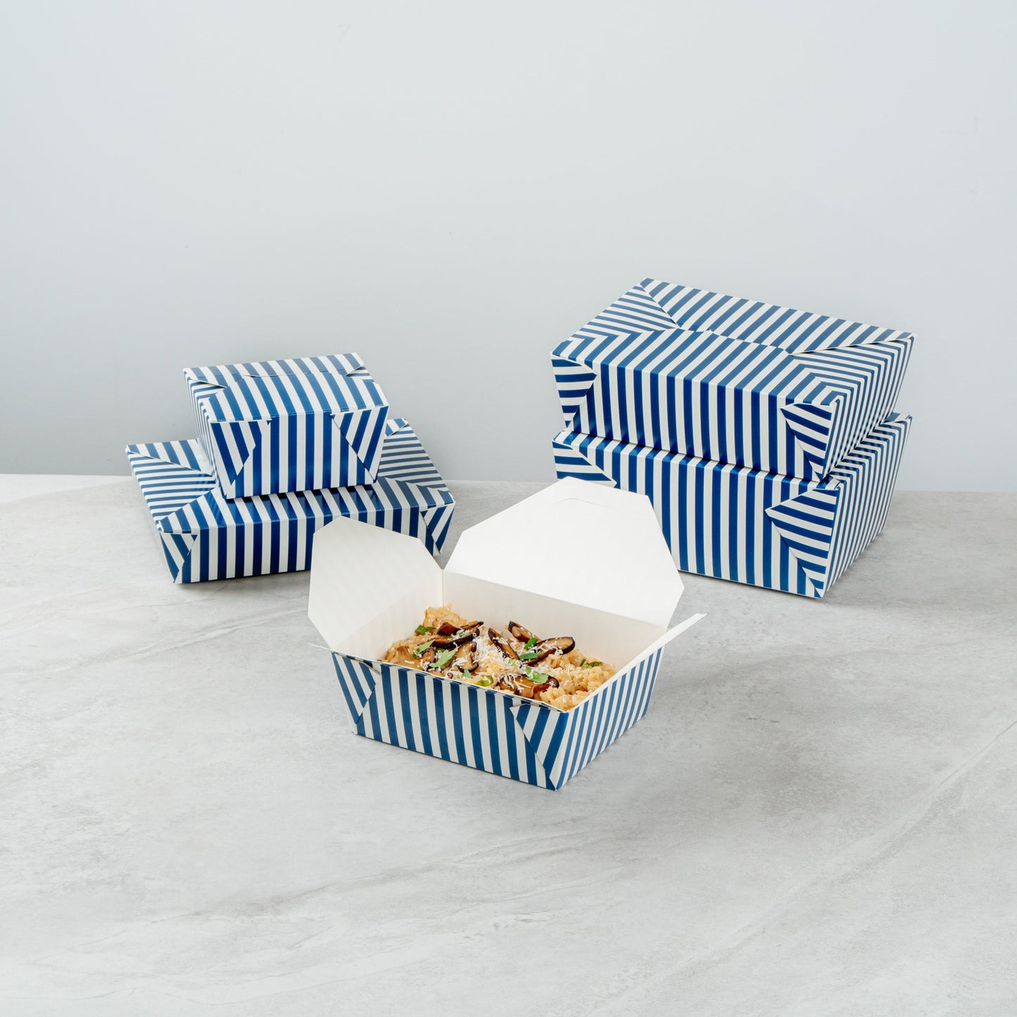 Bio Tek 45 oz Rectangle Blue and White Stripe Paper #8 Bio Box Take Out Container - 6 3/4" x 5 1/2" x 2 1/2" - 50 count box