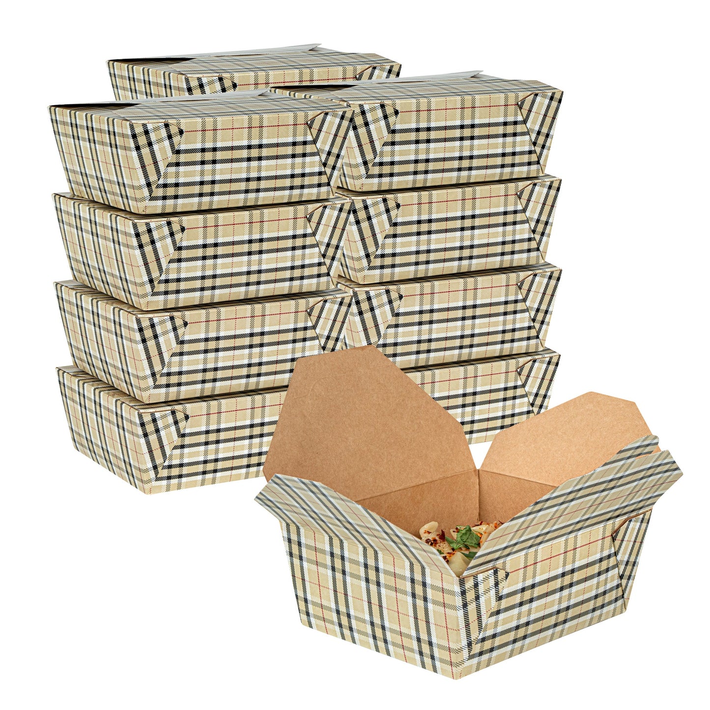 Bio Tek 45 oz Rectangle Plaid Paper #8 Bio Box Take Out Container - 6 3/4" x 5 1/2" x 2 1/2" - 50 count box