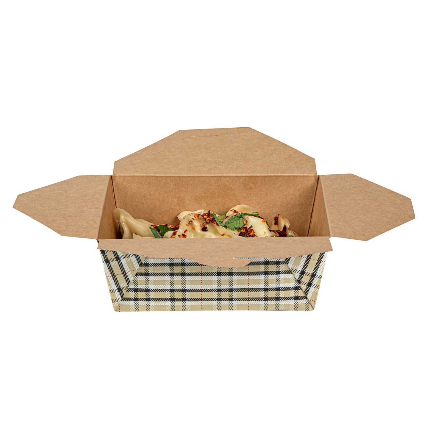 Bio Tek 45 oz Rectangle Plaid Paper #8 Bio Box Take Out Container - 6 3/4" x 5 1/2" x 2 1/2" - 50 count box