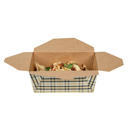 Bio Tek 45 oz Rectangle Plaid Paper #8 Bio Box Take Out Container - 6 3/4" x 5 1/2" x 2 1/2" - 50 count box