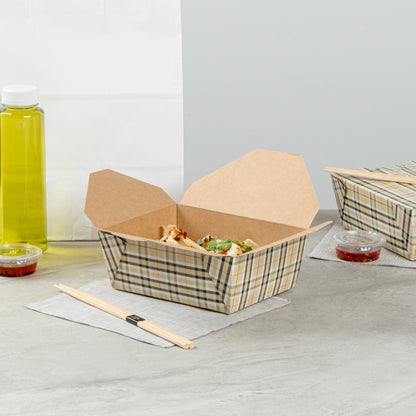 Bio Tek 45 oz Rectangle Plaid Paper #8 Bio Box Take Out Container - 6 3/4" x 5 1/2" x 2 1/2" - 50 count box