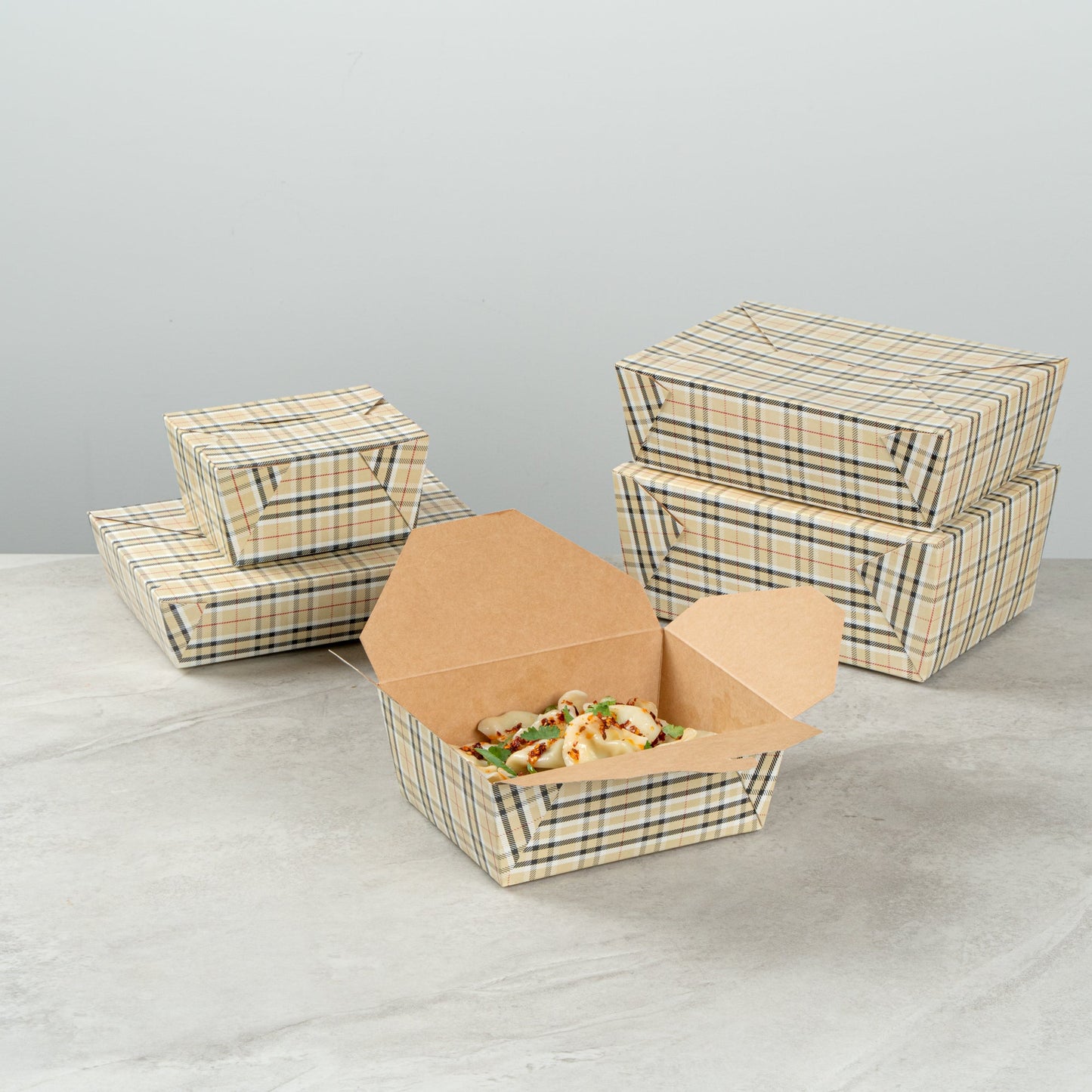 Bio Tek 45 oz Rectangle Plaid Paper #8 Bio Box Take Out Container - 6 3/4" x 5 1/2" x 2 1/2" - 50 count box