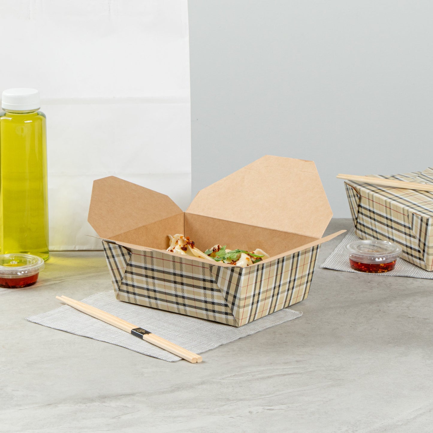 Bio Tek 45 oz Rectangle Plaid Paper #8 Bio Box Take Out Container - 6 3/4" x 5 1/2" x 2 1/2" - 200 count box