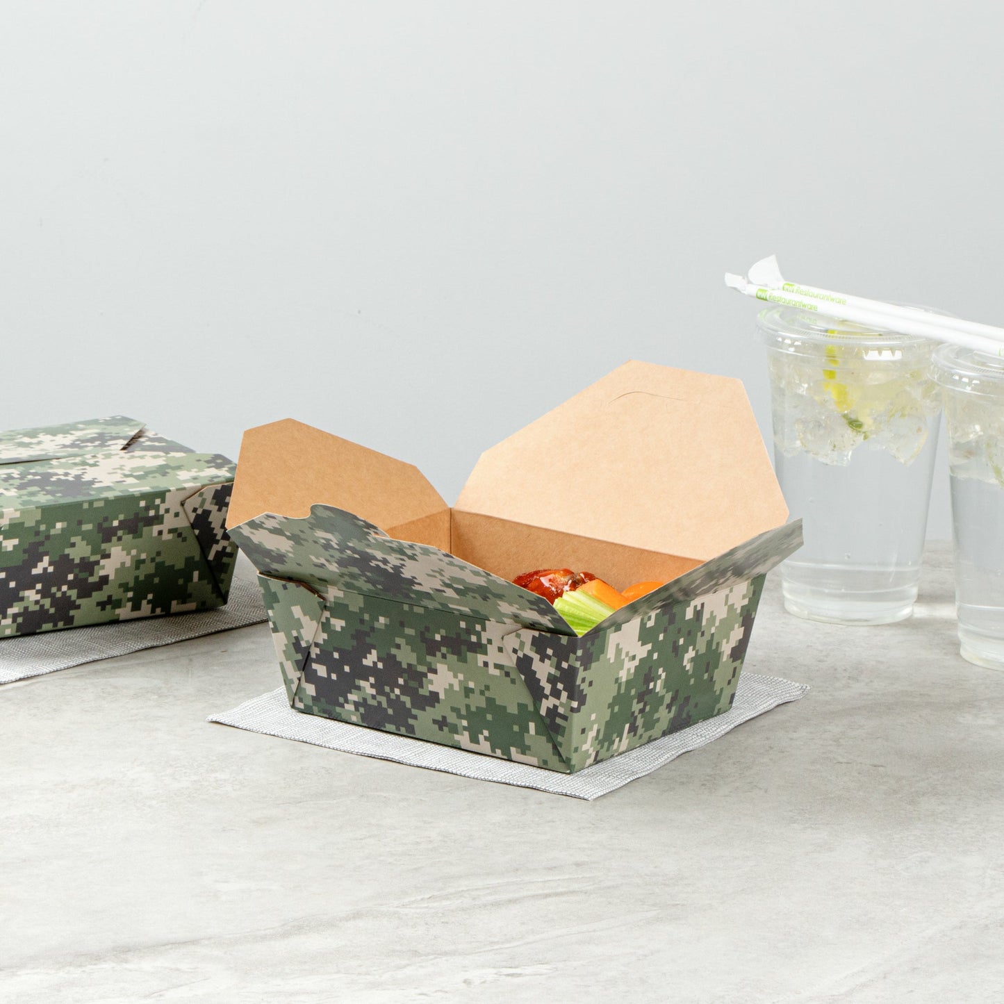 Bio Tek 45 oz Rectangle Camouflage Paper #8 Bio Box Take Out Container - 6 3/4" x 5 1/2" x 2 1/2" - 200 count box