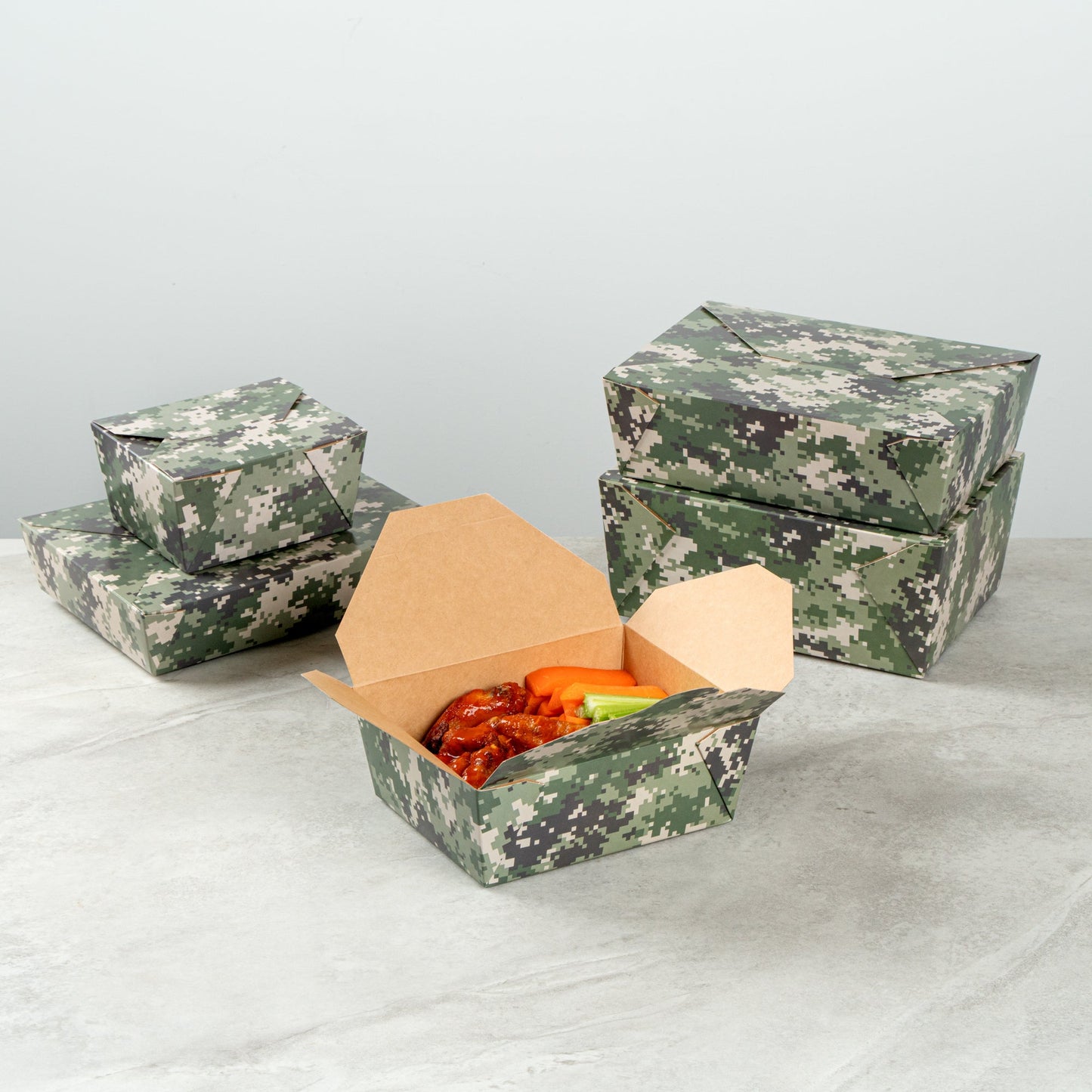 Bio Tek 45 oz Rectangle Camouflage Paper #8 Bio Box Take Out Container - 6 3/4" x 5 1/2" x 2 1/2" - 200 count box