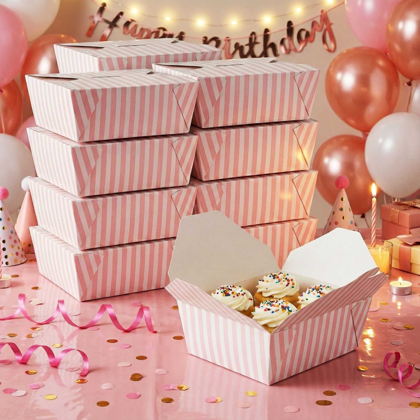 Bio Tek 45 oz Rectangle Pink and White Stripe Paper #8 Bio Box Take Out Container - 6 3/4" x 5 1/2" x 2 1/2" - 200 count box