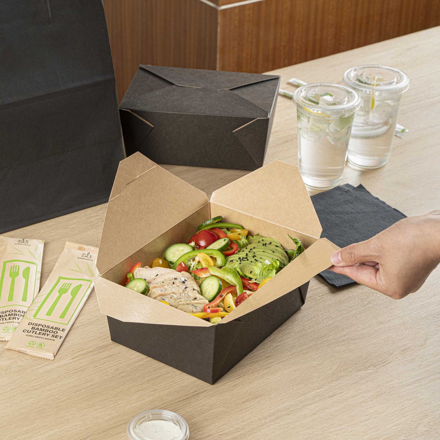 Bio Tek 98 oz Rectangle Black Paper #4 Bio Box Take Out Container - 8 1/2" x 6 1/4" x 3 1/2" - 200 count box
