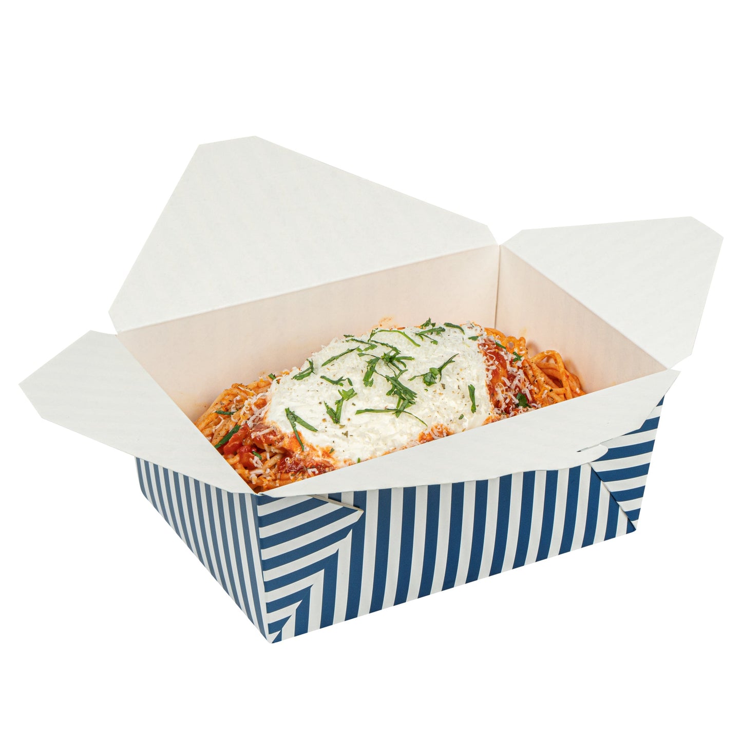 Bio Tek 98 oz Blue and White Stripe Paper #4 Bio Box Take Out Container - 8 1/2" x 6 1/4" x 3 1/2" - 50 count box