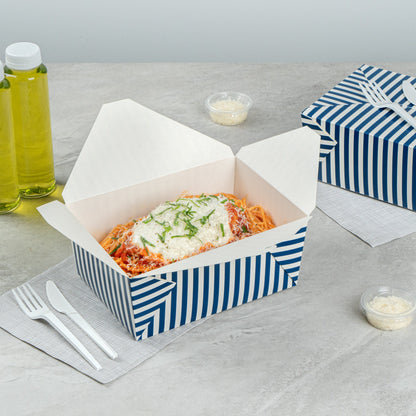 Bio Tek 98 oz Blue and White Stripe Paper #4 Bio Box Take Out Container - 8 1/2" x 6 1/4" x 3 1/2" - 50 count box