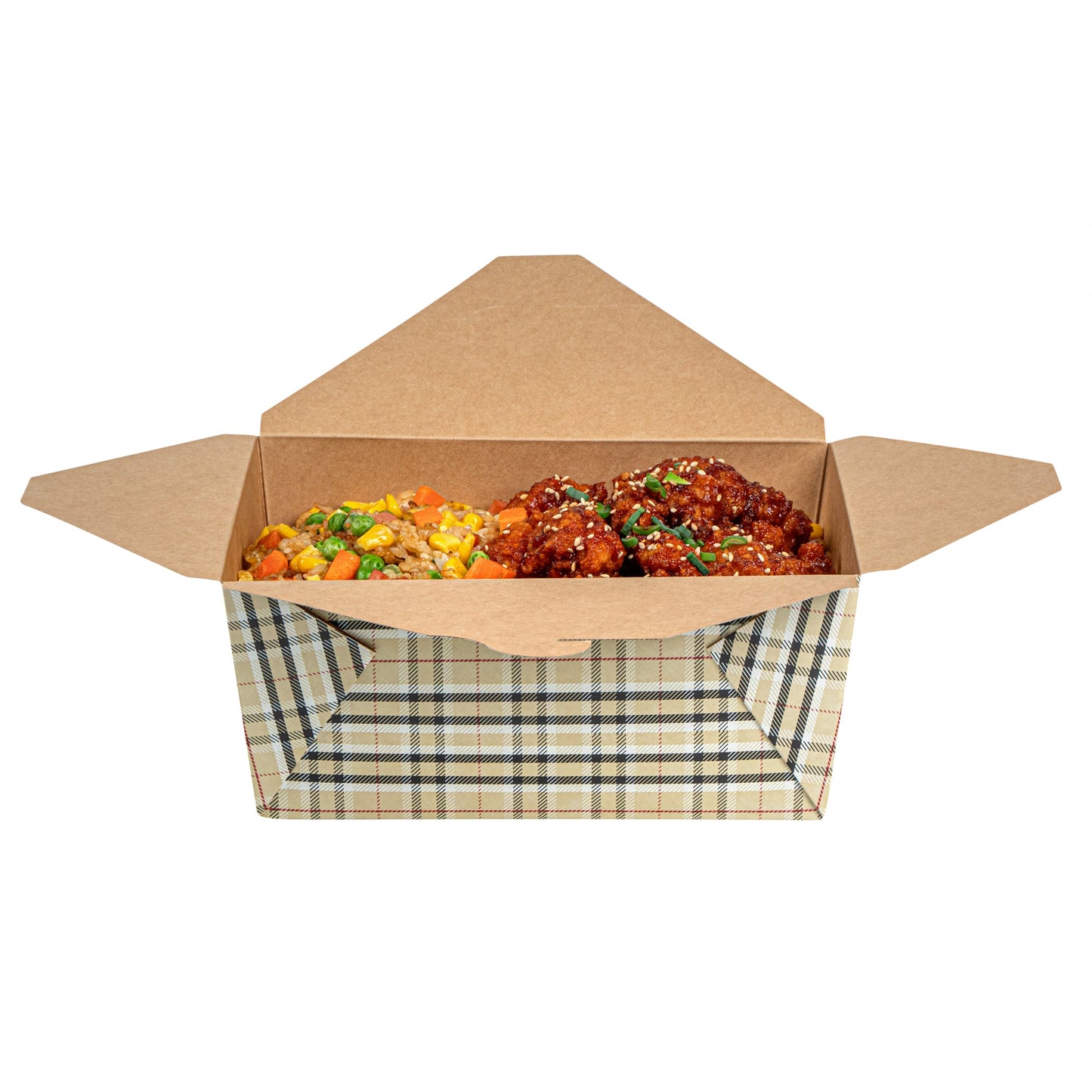 Bio Tek 98 oz Plaid Paper #4 Bio Box Take Out Container - 8 1/2" x 6 1/4" x 3 1/2" - 50 count box