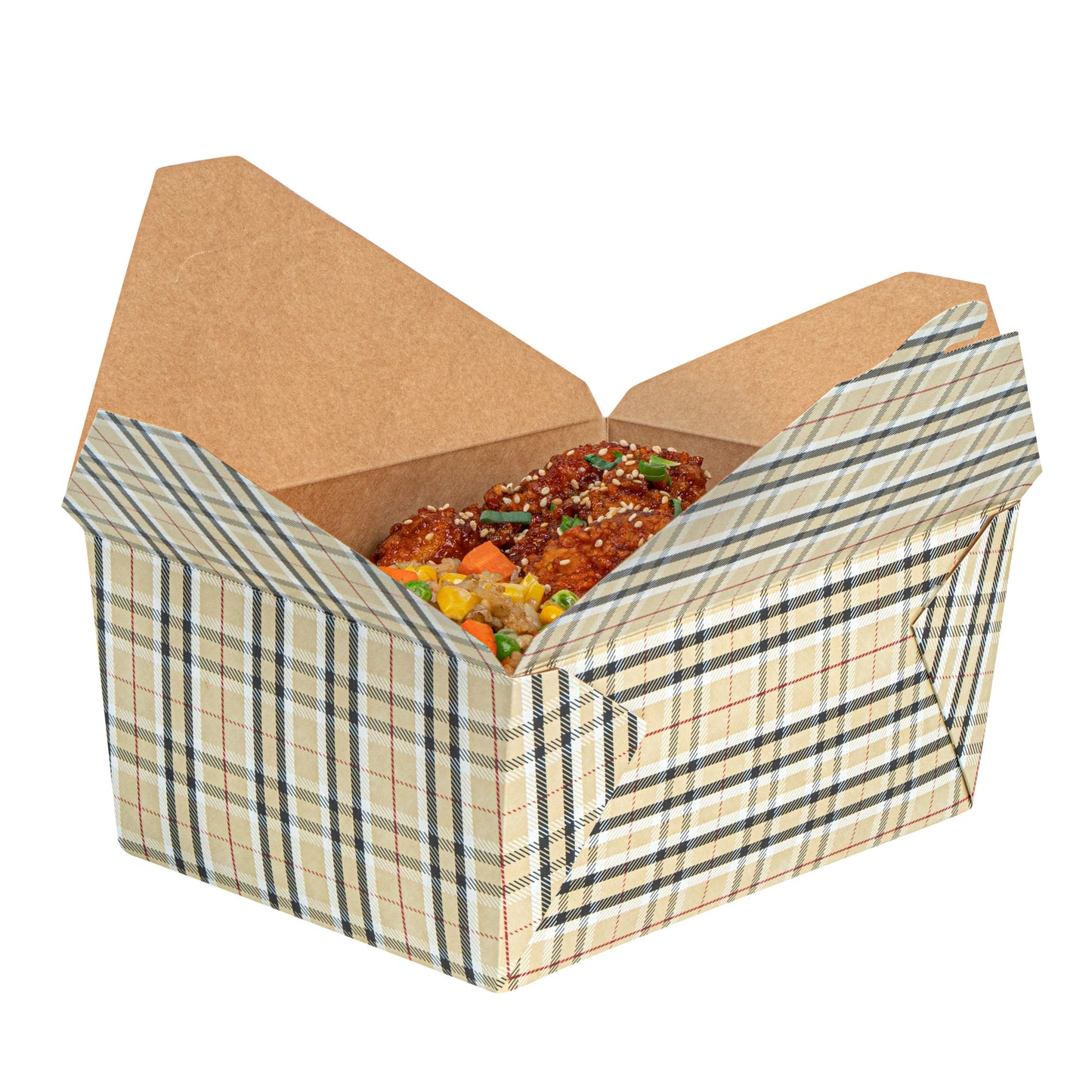 Bio Tek 98 oz Plaid Paper #4 Bio Box Take Out Container - 8 1/2" x 6 1/4" x 3 1/2" - 50 count box