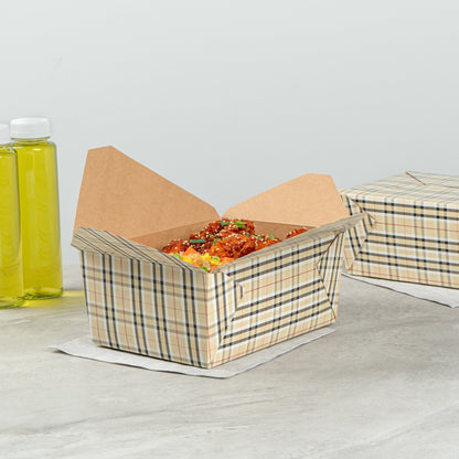 Bio Tek 98 oz Plaid Paper #4 Bio Box Take Out Container - 8 1/2" x 6 1/4" x 3 1/2" - 50 count box
