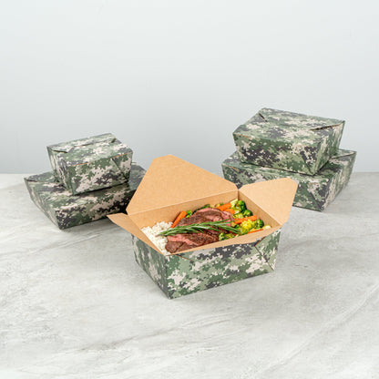 Bio Tek 98 oz Camouflage Paper #4 Bio Box Take Out Container - 8 1/2" x 6 1/4" x 3 1/2" - 50 count box