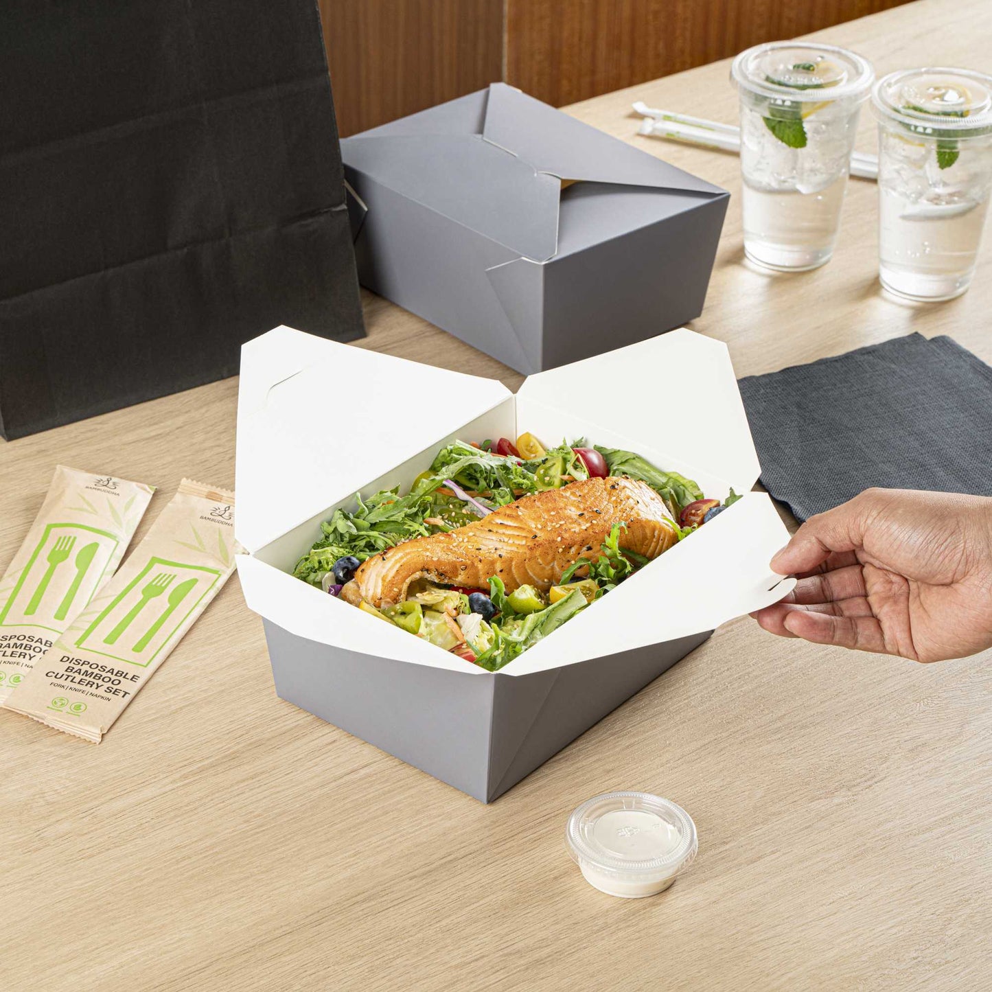 Bio Tek 98 oz Rectangle Gray Paper #4 Bio Box Take Out Container - 8 1/2" x 6 1/4" x 3 1/2" - 50 count box