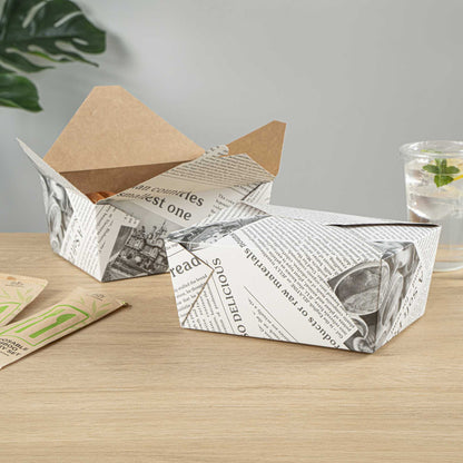 Bio Tek 98 oz Rectangle Newsprint Paper #4 Bio Box Take Out Container - 8 1/2" x 6 1/4" x 3 1/2" - 50 count box