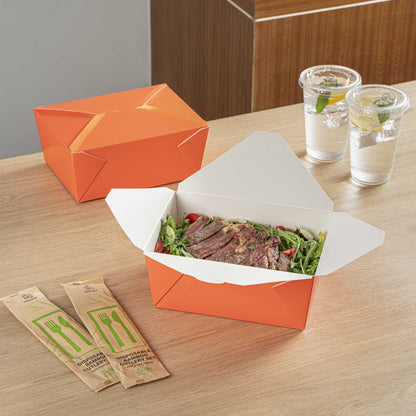 Bio Tek 98 oz Rectangle Tangerine Orange Paper #4 Bio Box Take Out Container - 8 1/2" x 6 1/4" x 3 1/2" - 50 count box