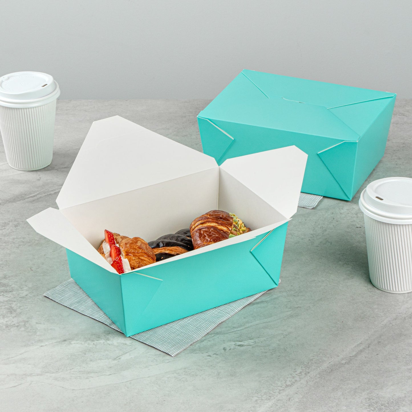 Bio Tek 98 oz Rectangle Turquoise Paper #4 Bio Box Take Out Container - 8 1/2" x 6 1/4" x 3 1/2" - 50 count box