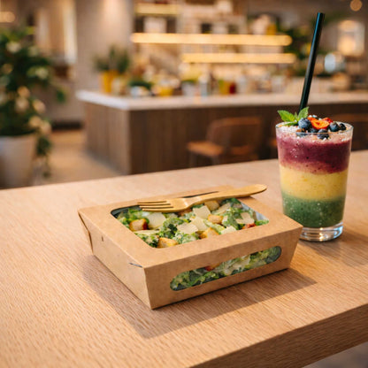 Cafe Vision 28 oz Rectangle Kraft Paper Small Bio Take Out Container - Two Windows - 6 1/4" x 4 3/4" x 2" - 200 count box