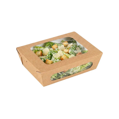 Cafe Vision 28 oz Rectangle Kraft Paper Small Bio Take Out Container - Two Windows - 6 1/4" x 4 3/4" x 2" - 50 count box