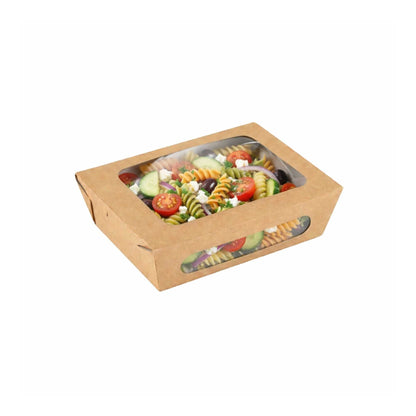 Cafe Vision 28 oz Rectangle Kraft Paper Small Bio Take Out Container - Two Windows - 6 1/4" x 4 3/4" x 2" - 200 count box