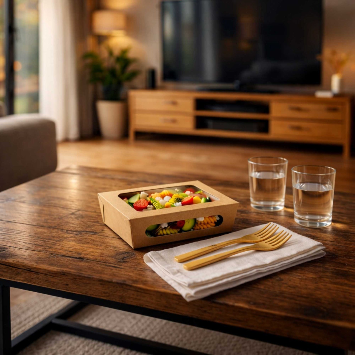 Cafe Vision 28 oz Rectangle Kraft Paper Small Bio Take Out Container - Two Windows - 6 1/4" x 4 3/4" x 2" - 200 count box