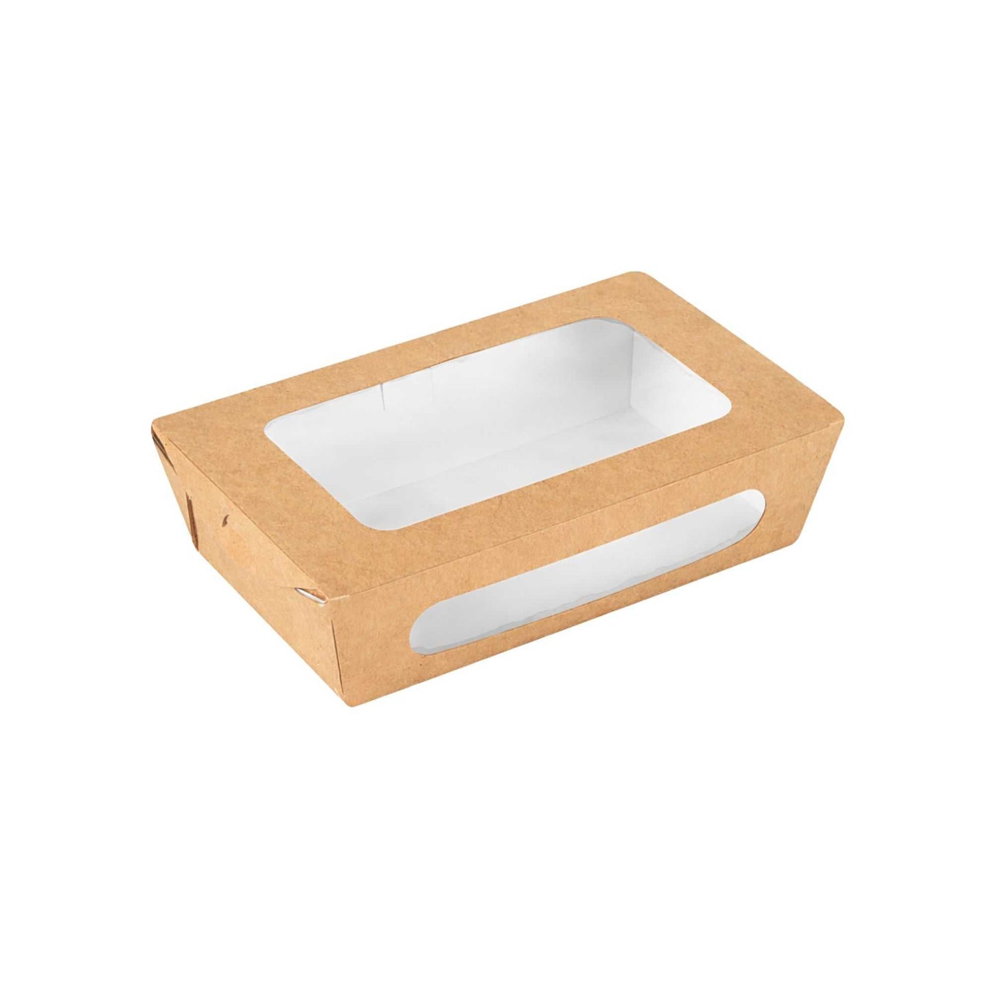 Cafe Vision 35 oz Rectangle Kraft Paper Medium Bio Take Out Container - Two Windows - 8" x 4 3/4" x 2" - 50 count box