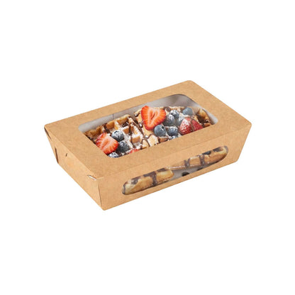 Cafe Vision 35 oz Rectangle Kraft Paper Medium Bio Take Out Container - Two Windows - 8" x 4 3/4" x 2" - 50 count box
